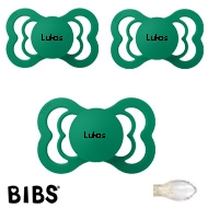 BIBS Supreme Sutter med navn str2, 3 Evergreen, Symmetrisk Silikone, Pakke med 3 sutter
